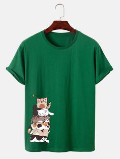 Material:100%CottonPackage included:1*T-Shirt. Cartoon Cat, Cat Print, Print T Shirt, Green, T Shirt, Design