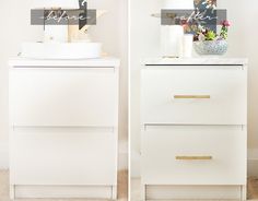 two white dressers side by side, one with a sink and the other without