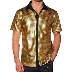 Experience the dazzling charm of metallic patterns, boasting short sleeves and a button-down silhouette designed for the ultimate party and nightclub revelry. These shirts exude an irresistible sheen and captivating glitter, making them impossible to overlook. Elevate your style and make a statement by donning these short-sleeved metallic button-down shirts. Their eye-catching charm is sure to set you apart from the crowd. For an effortlessly chic look, consider pairing these shiny disco shirts Fitted Short Sleeve Shirt For Party Season, Fitted Short Sleeve Party Shirt, Fitted Gold Shirt For Night Out, Fitted Gold Shirt For Summer, Disco Style Fitted Shirt For Party Season, Fitted Disco Shirt For Party Season, Disco Style Shirt For Night Out In Summer, Disco Style Short Sleeve Summer Shirt, Fitted Disco Shirt For Party