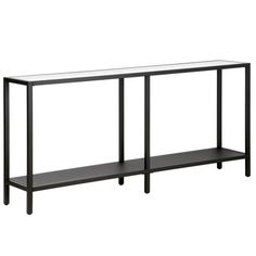 a black console table with two shelves on each side and one shelf below the glass top