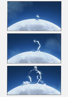 three different images of a man on top of the moon with his legs spread out