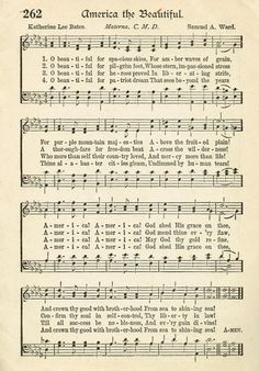 an old sheet music with the words america the beautiful written in black and white on it