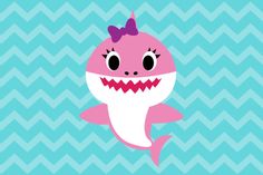 a pink and white shark with a bow on it's head, against a blue background