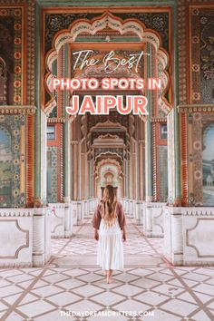 a woman standing in front of a building with the words, the best photo spots in ja