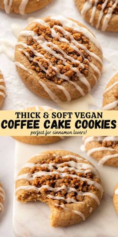 thick and soft vegan coffee cake cookies with white icing on top are shown