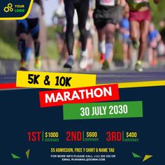 a poster for the 5k and 10k marathon on july 30th, with people running