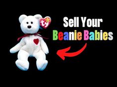 a white teddy bear sitting on top of a black background with the words sell your beanie babies