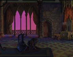 an animated image of a gothic - themed room with stained glass windows and ornate furniture