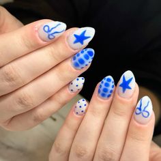 bows stars crocodile print & polka dots Good Birthday Nails, Fun Nail Designs Blue, Nail Designs Detailed, Preppy Nails Design, Gel X Nails For Beginners, Funky Natural Nail Designs, Summer Crocodile Nails, Gel X Nails Short Almond, Star And Bow Nails