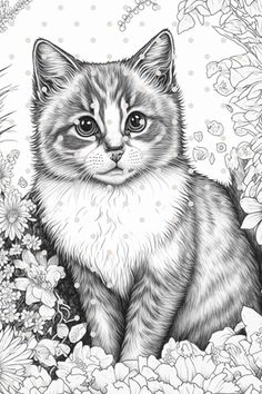 a black and white drawing of a cat sitting in the grass with flowers around it