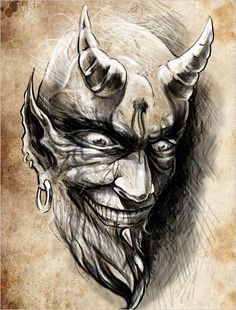 a drawing of a demon with horns on it's head and an evil face