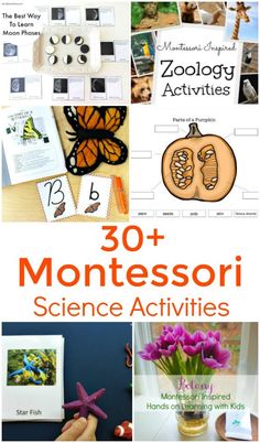 the cover of 30 montessoi science activities for kids with pictures and words on them