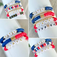 four different bracelets with words on them and charms in gold, red, white and blue