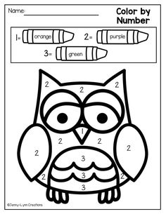 the color by number worksheet with an owl and two crayons on it