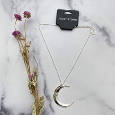 The Silver Crescent Moon Necklace Crescent Moon Necklace Silver, Crescent Necklace, Crescent Moon Necklace, Necklace Vintage, Moon Necklace, Crescent Moon, Brass Finish, Earring Necklace, Vintage Design