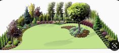 an artist's rendering of a garden with trees, shrubs and flowers in it