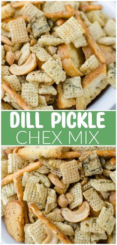 two different views of chex mix with the words, dille pickle chex mix