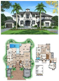 two story house plans with an open floor plan and three car garages on each side