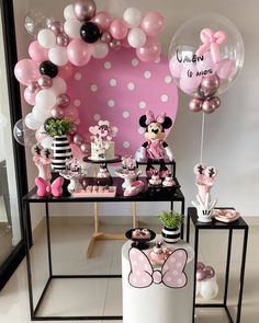 a minnie mouse themed birthday party with balloons