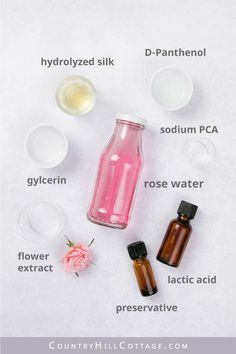 See how to make a simple soothing DIY rose water toner and learn the benefits for skin of rose toner. The easy homemade facial toner is made with natural ingredients, without witch hazel, apple cider vinegar (acv) or essential oils. The best fresh face toner is a great for natural skin care. The DIY face tonic is astringent and provides deep hydration. The toner is good for sensitive, dry, oily, combination, mature and normal skin. Inc tips for how to use and packaging. | CountryHillCottage.com Diy Rose Water Toner, Facial Toner Recipe, Toner Diy, Diy Skin Toner, Homemade Rose Water, Rose Water Diy, Rose Serum, Diy Natural Beauty Recipes, Serum Wajah