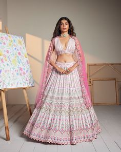 Pink Blossoms Mirror Blouse, Mirror Work Lehenga, Work Lehenga, Silk Tulle, Pink Floral Pattern, Designer Outfits, Indian Bridal Outfits, Print Ideas, Dupion Silk