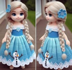 two pictures of a doll with blonde hair and blue dress, one is wearing a snowman hat