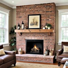 a brick fireplace in a living room with two chairs and a fire place next to it