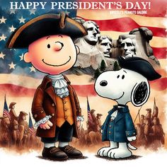 a charlie brown cartoon character standing next to a dog in front of an american flag