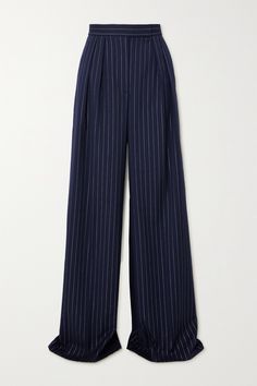 EXCLUSIVE AT NET-A-PORTER. Alex Perry's pants are tailored from twill with neat silver pinstripes for a touch of shimmer. They're designed to sit high on the waist and have a relaxed, wide-leg shape accentuated by front pleats. Complete the look with a tucked-in blouse or sweater. Lululemon Collection, High Waisted Wide Leg Pants, Dark Blue Dress, Alex Perry, Professional Wardrobe, Tailored Pants, Blue Pants, Girly Outfits, Elegant Outfit