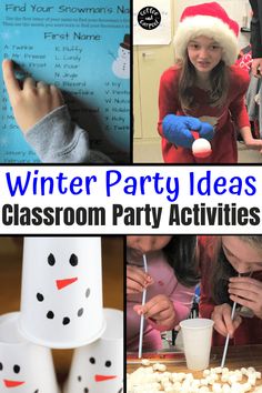 the winter themed classroom party activities include snowmen, marshmallows and ice cream