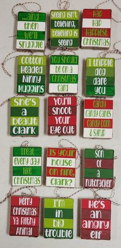 christmas ornaments hanging from twine on a table