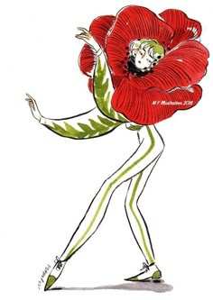 a drawing of a woman with a large flower on her head and arms, dancing