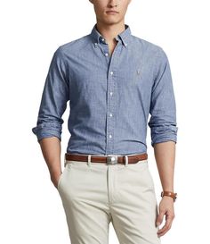 Fitted Chambray Top With Buttons, Fitted Chambray Shirt With Button Closure, Fitted Chambray Tops For Work, Classic Chambray Top With Buttons, Polo Ralph Lauren Denim Shirt, Chambray Button-up Shirt, Ralph Lauren Denim Shirt, Blue Button-up Shirt For Ranch, Ralph Lauren Button-up Shirt