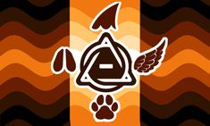 an orange and brown striped background with a dog's paw, triangle, and wings