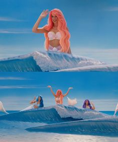 two pictures of the same woman with pink hair on top of a wave in the ocean