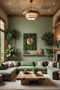 a living room filled with lots of green furniture