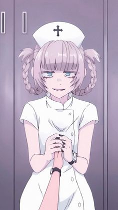 an anime character is standing in front of lockers with her hands on her chest