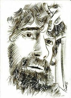 a pencil drawing of a man with a beard holding a knife in his right hand