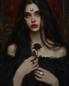 a painting of a woman with long black hair holding a rose in her right hand