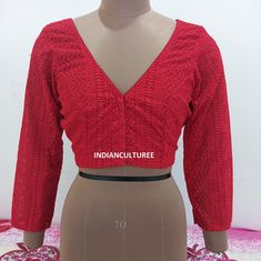 Made to order Red Chikankari EMBROIDERED BLOUSE, Front Open, V neck Full Sleeves Party Wear Blouse, Saree Choli Blouse || Free Shipping || Fabric: Chikankari Georgette blouse Front open - No pads Princess cut Soft, light-weight and breathable fabric. If you could include following info in the note to whenever you placed the order, you will get best-matched blouse * Chest size: * Waist size: * Blouse Length: * Sleeve Loose: * Sleeve Length: * Front Neck length: * Back-Neck length: We usually ship