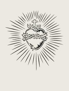 the cross and heart with rays on a light background, black and white drawing by hand