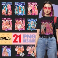 a woman with pink hair and sunglasses standing in front of a black shirt that says kohlo's 21 png designs