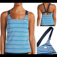 Nike Women's Striped V-Back Tankini Swimsuit Top In Blue & White. Details: V-Back Design With Regular Straps For More Support And Comfort Removable Soft Cups For Custom Coverage And Comfort Cup Stabilizer Pockets Secure Cups In Place For Zero Distraction Swoosh Logo Supportive Design Made For Coverage And Comfort Polyester / Elastane Size Is S Or Med . Nike Summer Beach Top, Nike Swimwear, Nike Swimsuit, Womens Tankini, Nike Swim, Tankini Swimsuit Top, Tankini Swim Tops, Tankini Swimsuits, Swim Dress