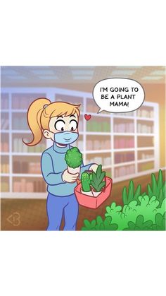 a woman holding a potted broccoli in front of a bookshelf with the caption i'm going to be a plant mama