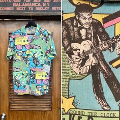 Vintage 1980's New Wave 1950's Style Cartoon Rock n' Roll Shirt, Great Pattern. Tag Size M. Please check the measurements below.  Very good condition.   The label is  "Dee Cee".  Original 1980's.  50's sock hop and rock n roll inspired button down shirt.   All Sales Final.   Please ask any questions before purchase.   Take a look at our Store for more Vintage Clothing - VintageOnHollywood.   MEASUREMENTS  Shoulder to Shoulder: 17 3/4" Underarm to Underarm: 21" Outer Sleeve Length (shoulder edge 1980s New Wave, Rock N Roll Shirt, 50s Sock Hop, Sock Hop, 1950s Style, 80s Vintage, 1950s Fashion, Rock N, New Wave