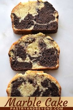 three slices of marble cake sitting on top of each other