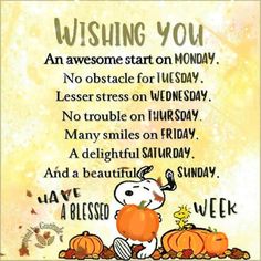 a snoopy dog with pumpkins on it saying wishing you an awesome start on monday