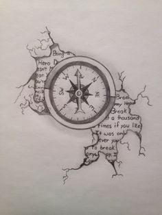 a drawing of a compass with words written on it and the shape of a map