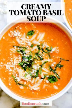 Creamy Tomato Basil Soup | foodiecrush.com Image shows a closeup overhead shot of a white bowl of creamy tomato soup topped with Parmesan cheese and freshly chopped basil Basil Soup Recipe, Can Tomatoes, Tomatoes Roasted, Tomato Basil Soup Recipe, Roasted Tomato Basil Soup, Creamy Tomato Basil Soup, Basil Soup, Tomato Basil Soup