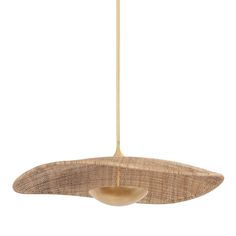 a light hanging from a ceiling fixture with a wooden bowl on the bottom and a metal rod